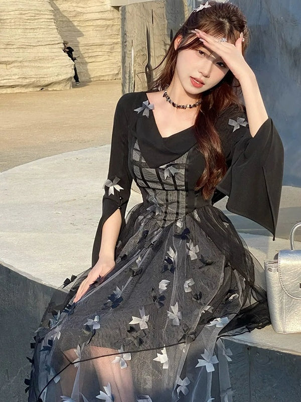 Butterfly Ribbon Gauze Hooded Dress