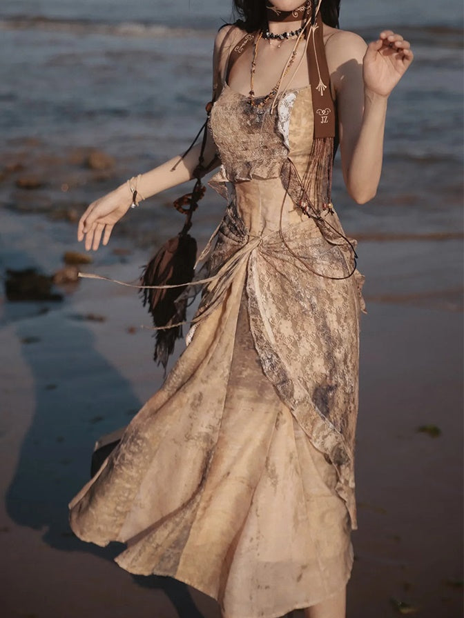 Classical Aesthetics Printed Lace Dress & Waist Slim Cardigan