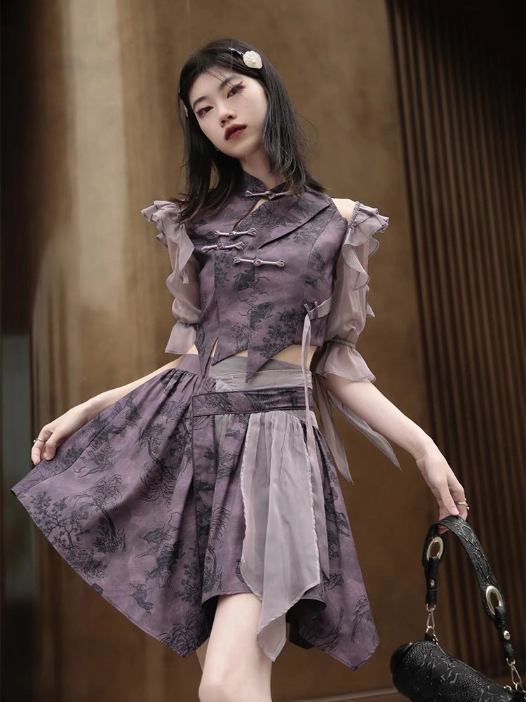 Chinese Style Short Top & Irregular Hem Skirt & Camisole & Cropped Sheer Cardigan