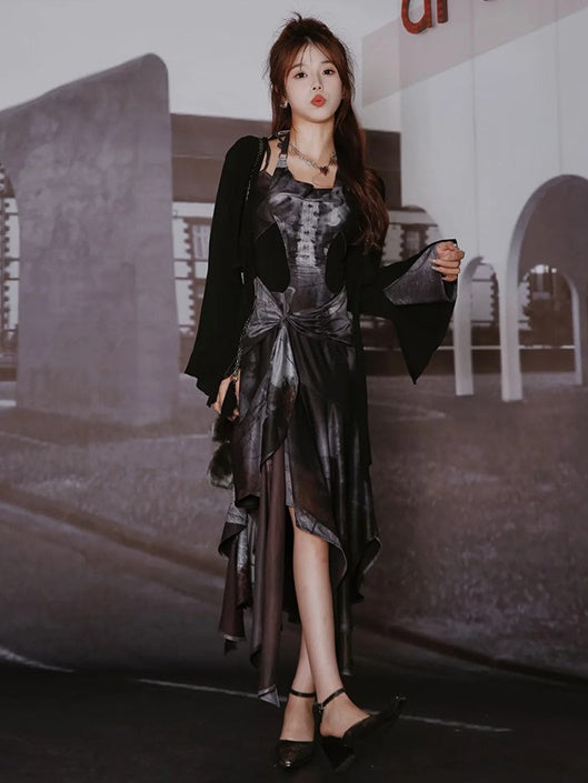 Butterfly Print Halterneck Dress & Flare Sleeve Cardigan
