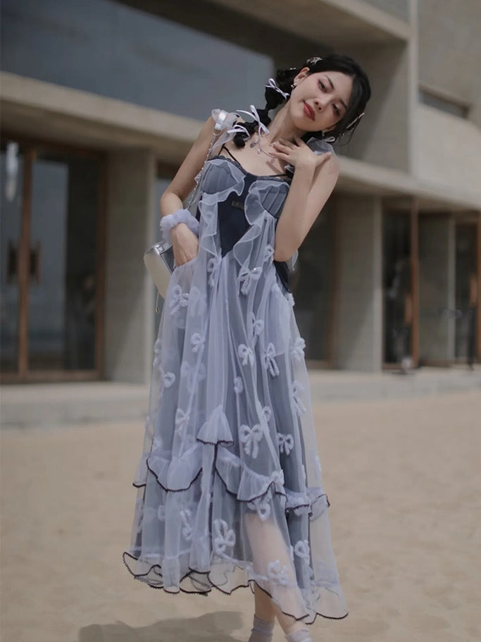 Butterfly Embroidered Ribbon Fake Two-Piece Dress & Cardigan