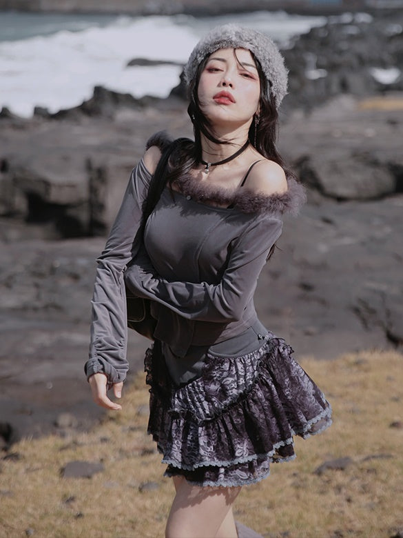 Fur Collar Top & Halter-neck Vest & Cut Lace Skirt