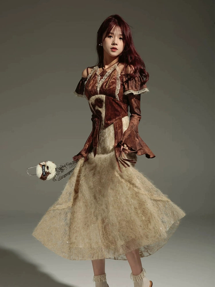 BellSleeveEmbroidered Top & Lace Long Skirt