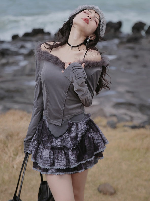 Fur Collar Top & Halter-neck Vest & Cut Lace Skirt