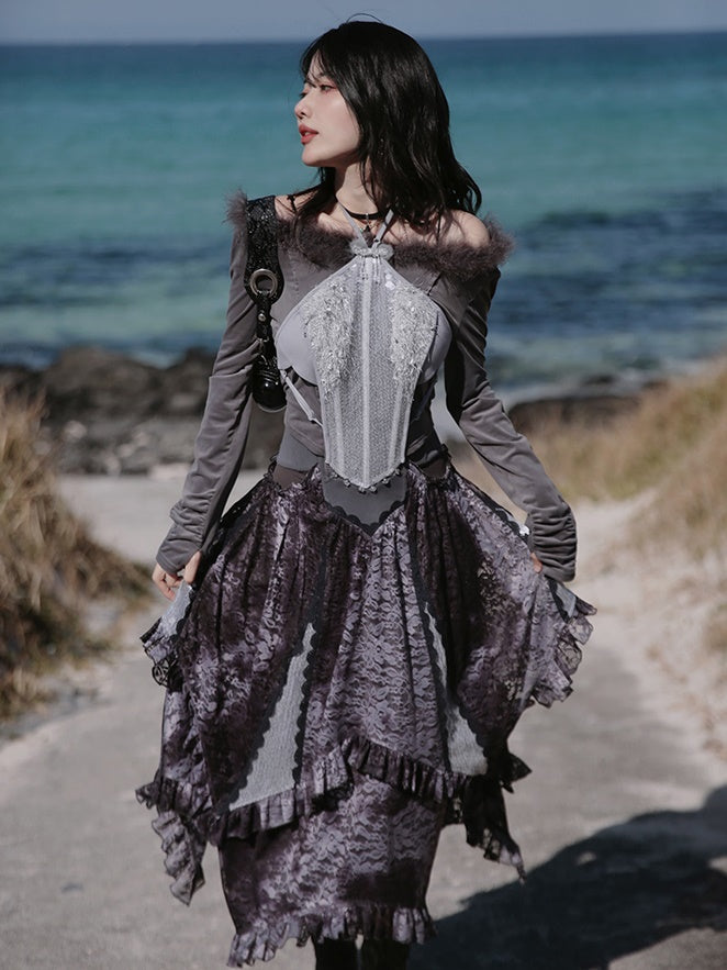 Fur Collar Top & Halter-neck Vest & Cut Lace Skirt