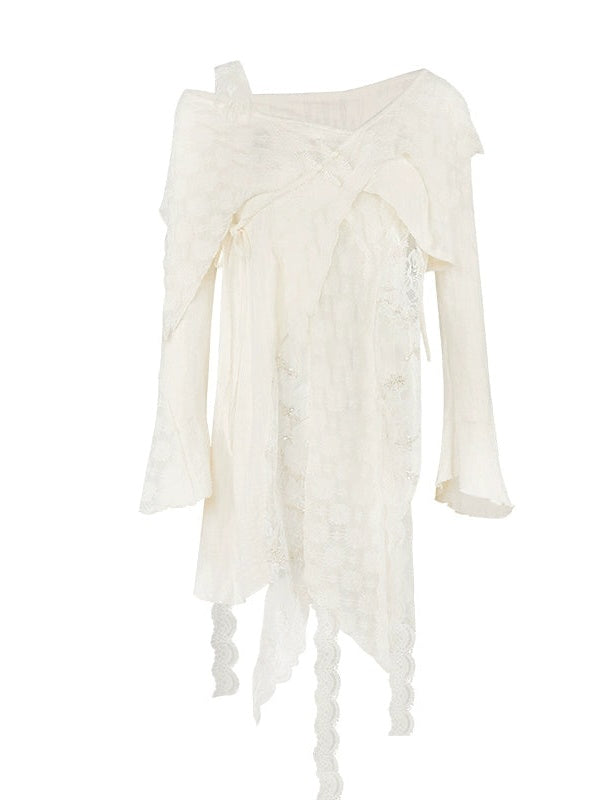 Fairy Style Mermaid Slip Dress & Asymmetry Lace Top & Belt
