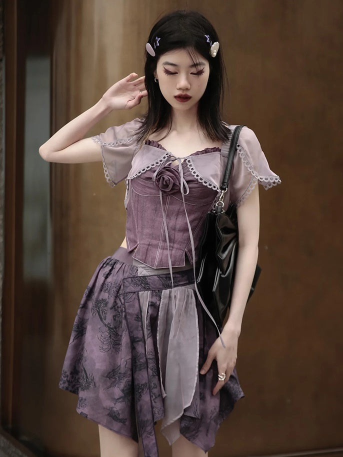 Chinese Style Short Top & Irregular Hem Skirt & Camisole & Cropped Sheer Cardigan
