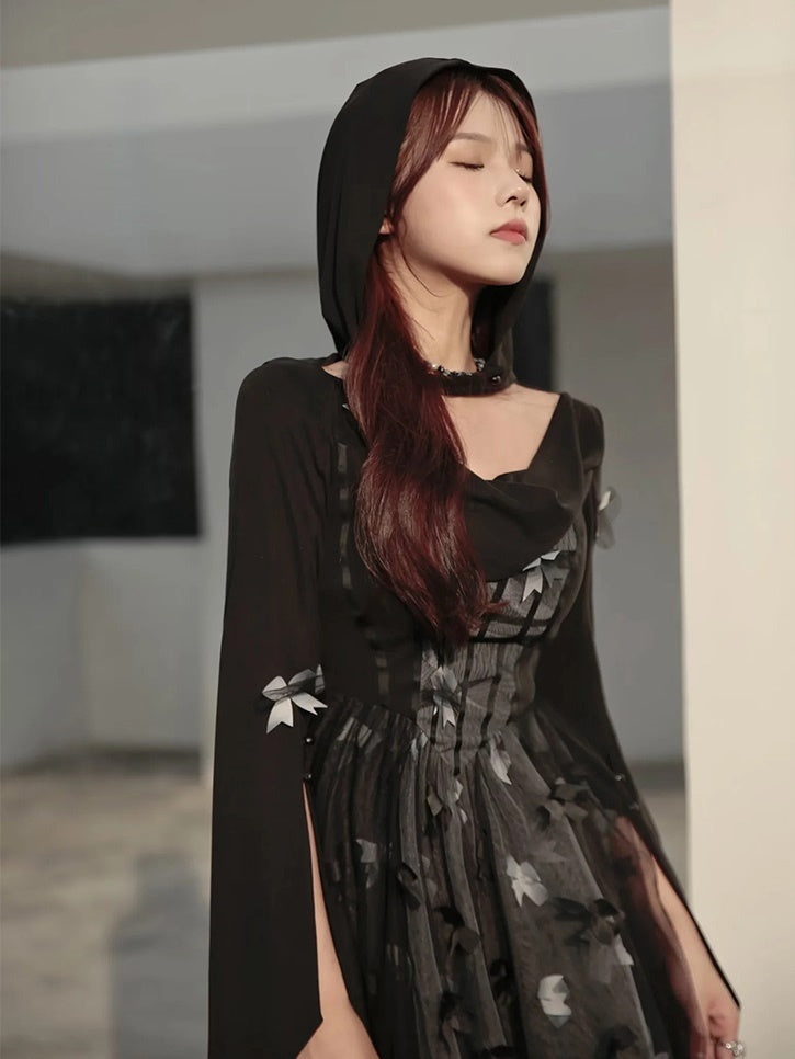 Butterfly Ribbon Gauze Hooded Dress