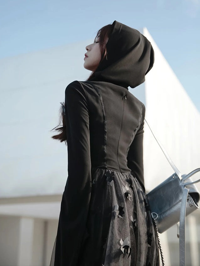 Butterfly Ribbon Gauze Hooded Dress