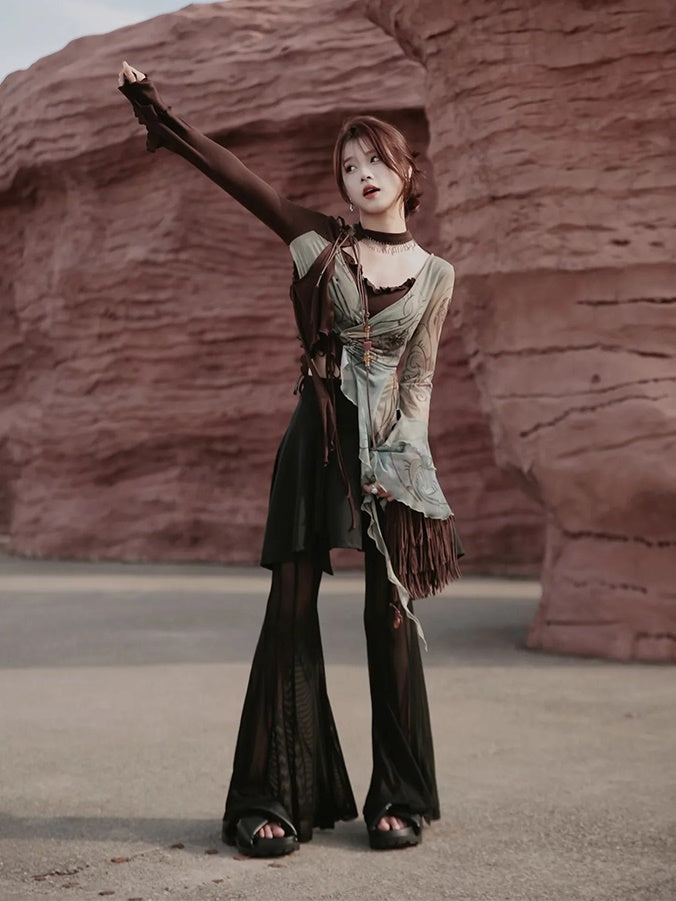 See-through Flared Skirt Pants