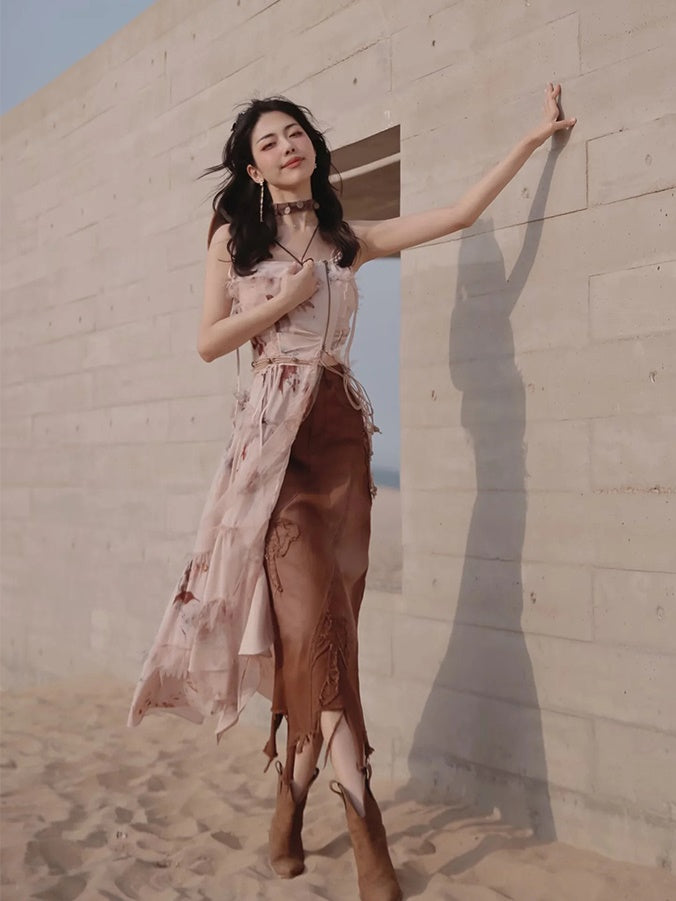 Exotic Print Set-up & Sling Dress & Culottes & Sheer Shirt