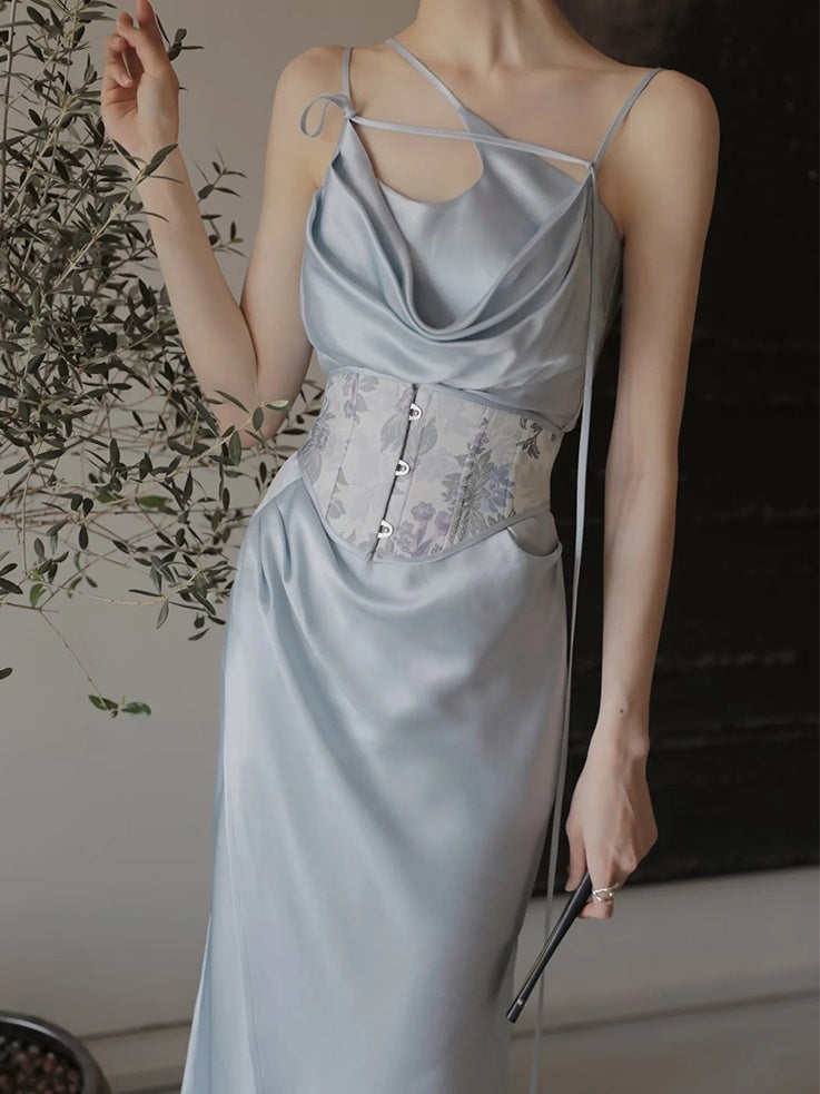 Drape Sling Dress With Floral Corset Belt