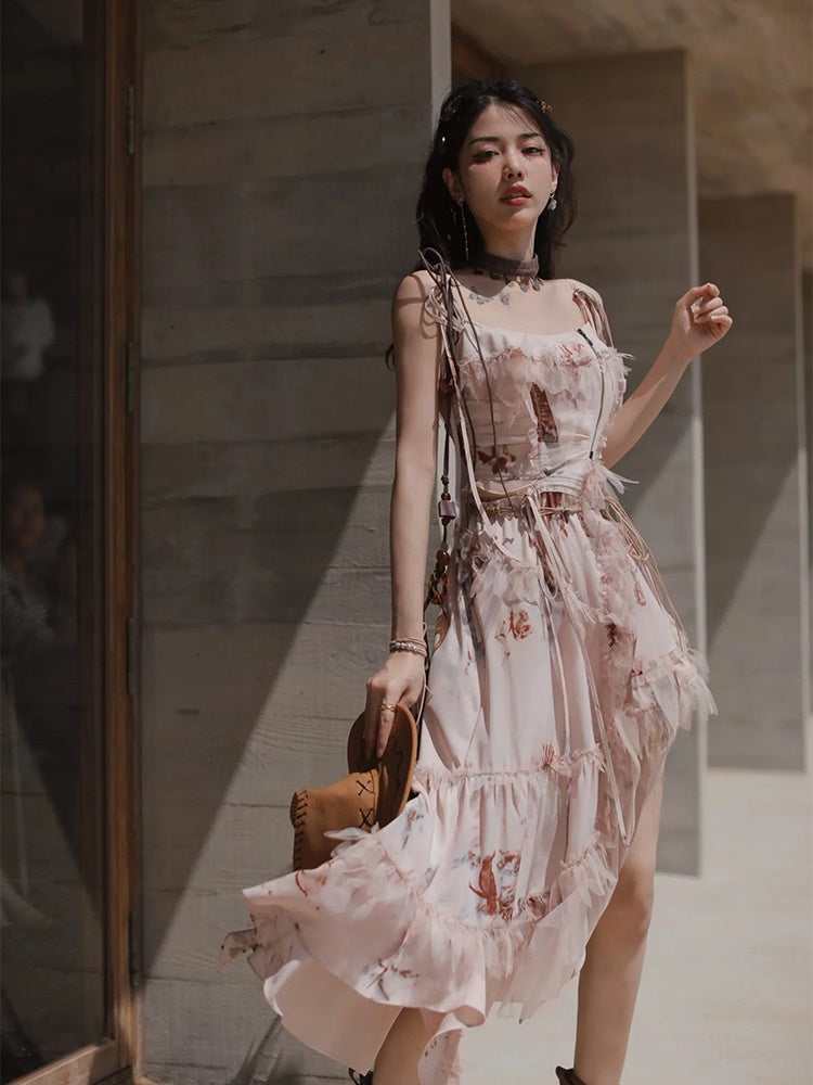 Exotic Print Set-up & Sling Dress & Culottes & Sheer Shirt