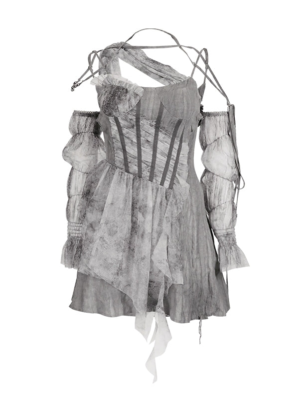 Arm-cover Tie-dye Ciffon Fluffy Short One-piece