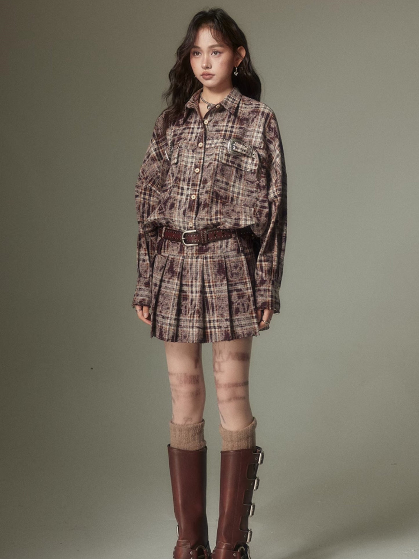 Plaid Loose Long Sleeve Shirt & Pleated Skirt