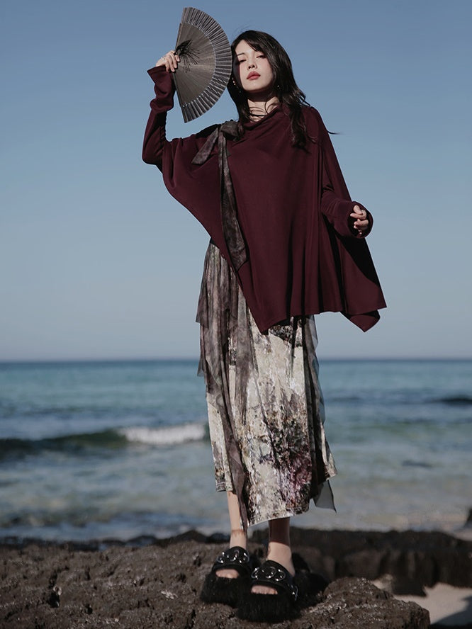 One-Shoulder Switching Forest Dress & Velvet Cape