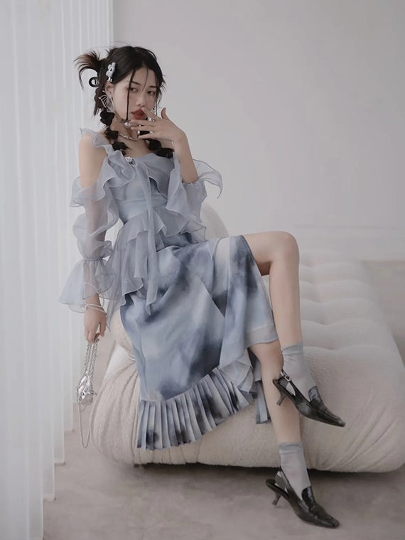Oil Painting Print Dress with Detachable Sleeves