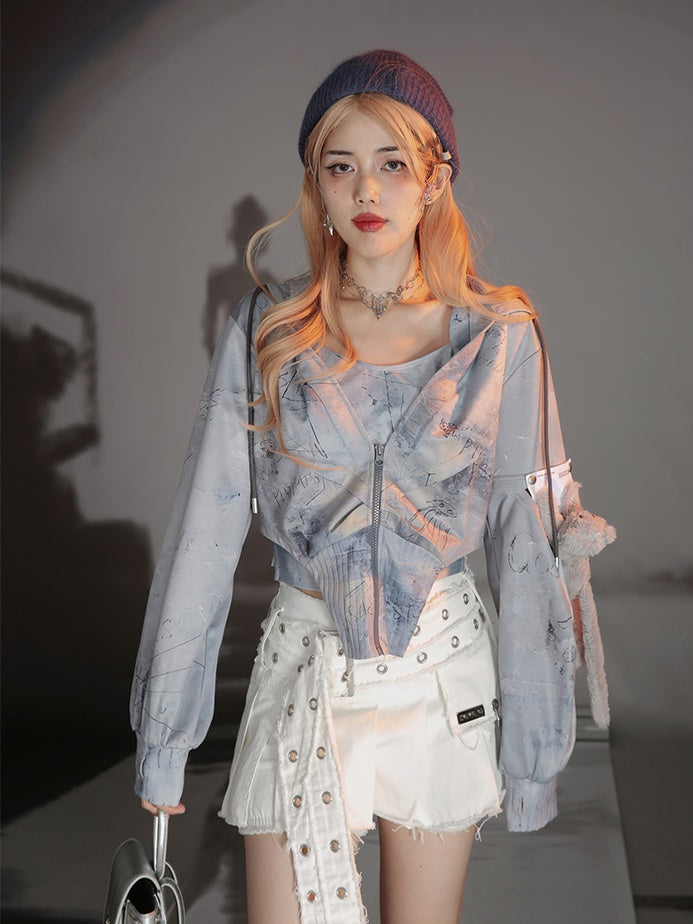 Graffiti Print Parka & Camisole Set & Cutout Pants & Slit Skirt