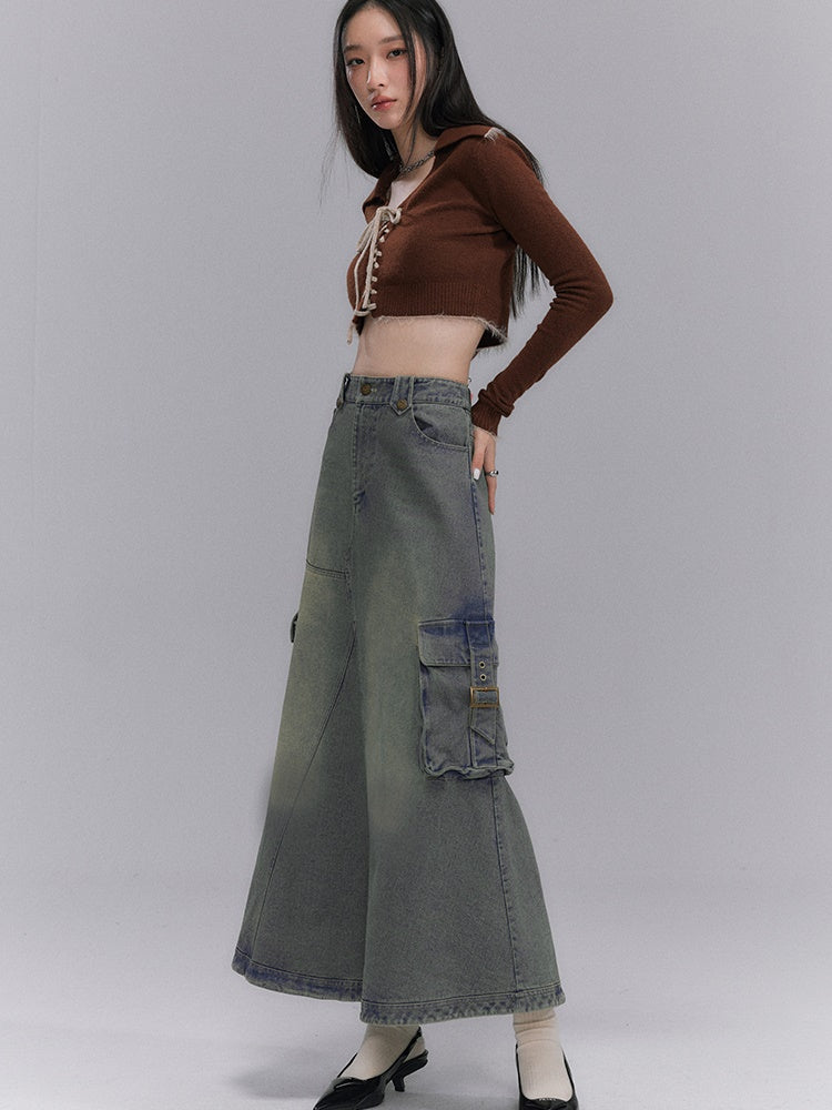 Washed Old Denim A-Line Long Skirt