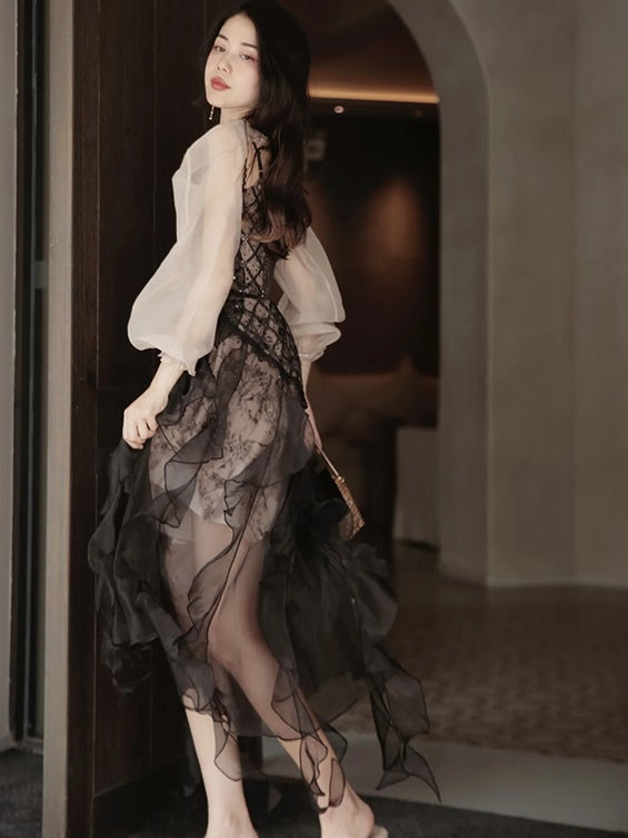 Irregular Frill Stitch Lace Sheer Sling Dress