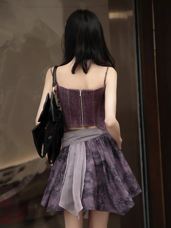 Chinese Style Short Top & Irregular Hem Skirt & Camisole & Cropped Sheer Cardigan