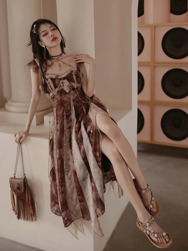 Retro Open Back Stitch Sling Dress