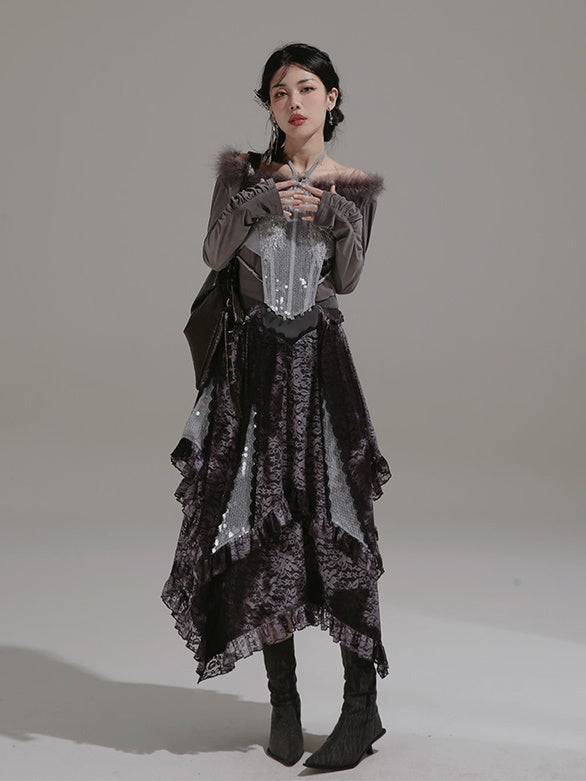Fur Collar Top & Halter-neck Vest & Cut Lace Skirt