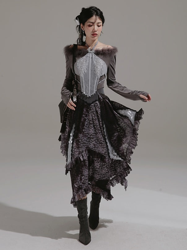 Fur Collar Top & Halter-neck Vest & Cut Lace Skirt