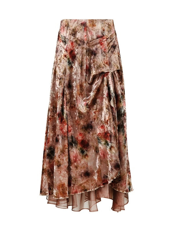 Velvet Print Halter-neck Vest & Layered Design Skirt & Chain Belt & Knitted Hooded Cardigan