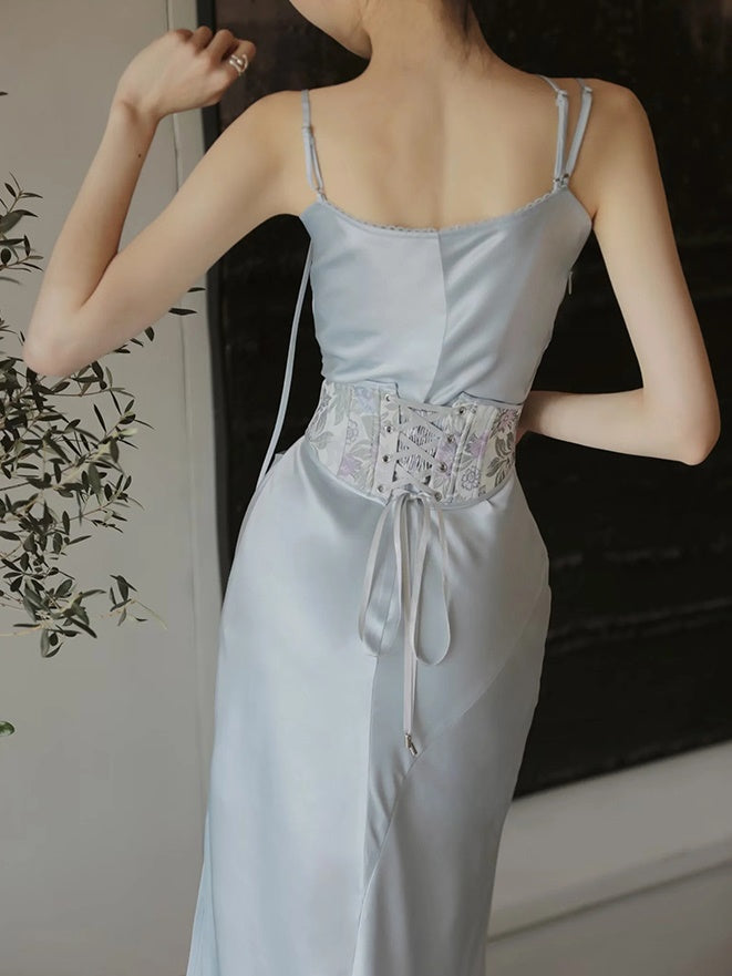 Drape Sling Dress With Floral Corset Belt