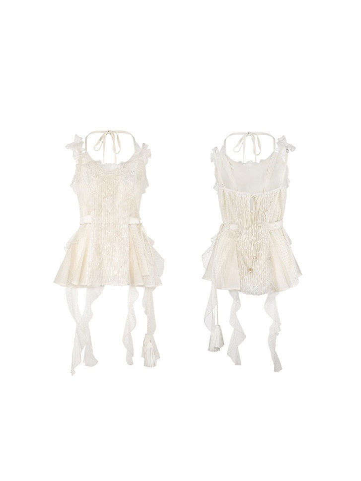 Frill Stitch Sleeveless Top & Irregular Flare Skirt