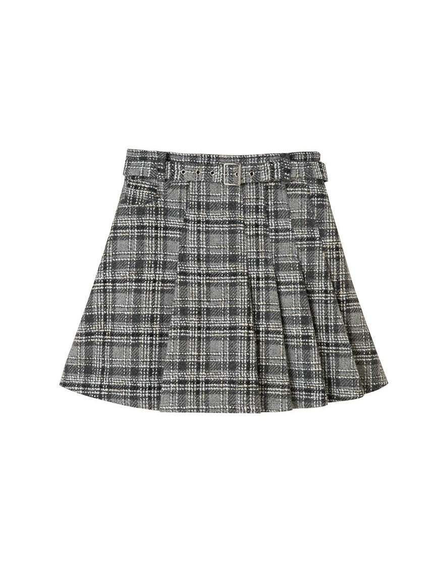 Woven Plaid No-Collar Jacket & Vest & Pleated Skirt