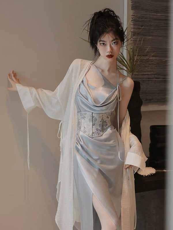 Drape Sling Dress With Floral Corset Belt