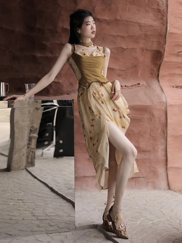 Floral Printed Strap Fake Layered Dress & Shirt