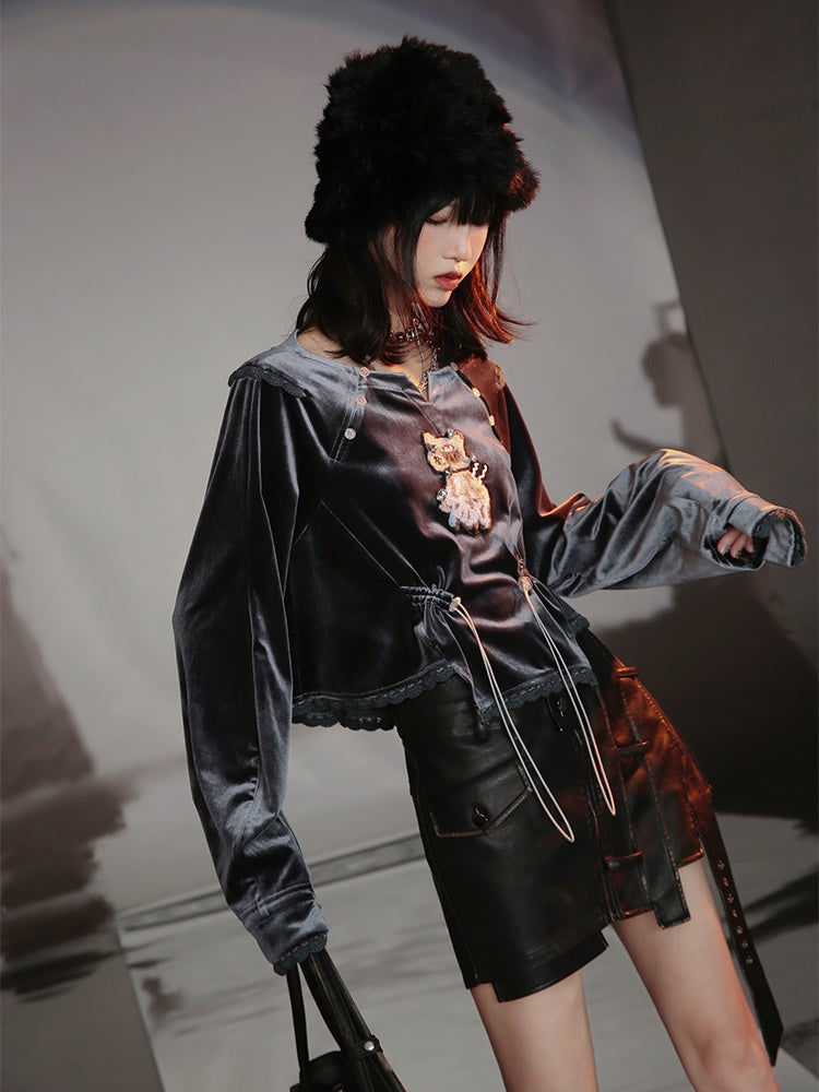 Loose Velvet Beaded Cat Top