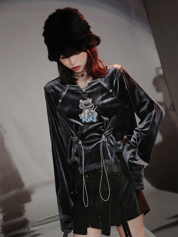 Loose Velvet Beaded Cat Top