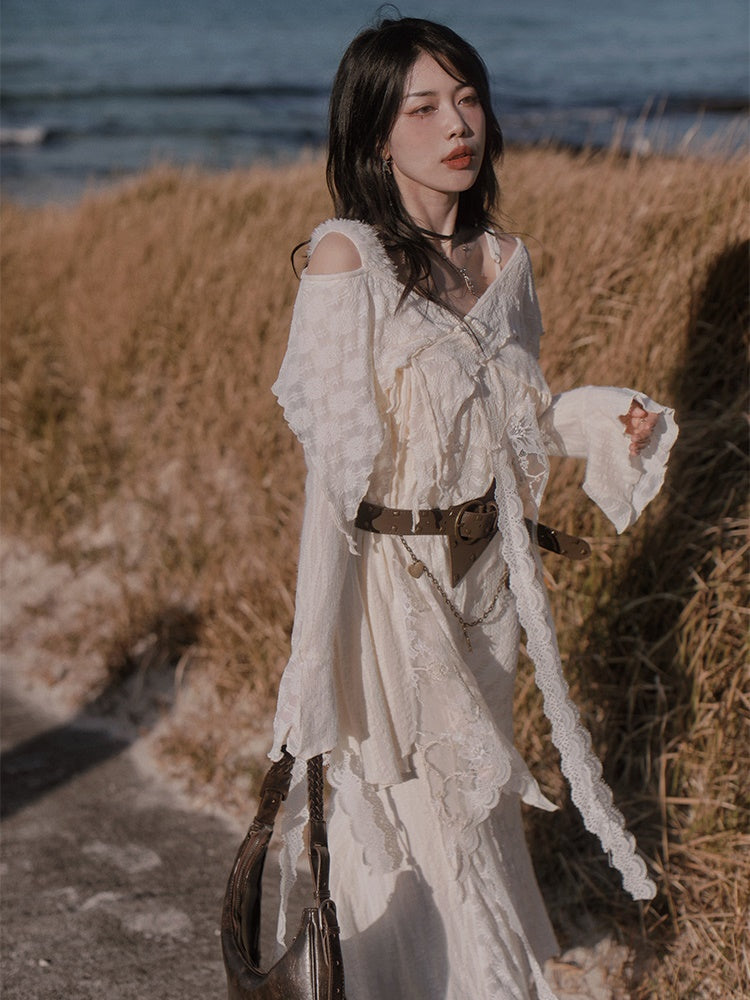 Fairy Style Mermaid Slip Dress & Asymmetry Lace Top & Belt
