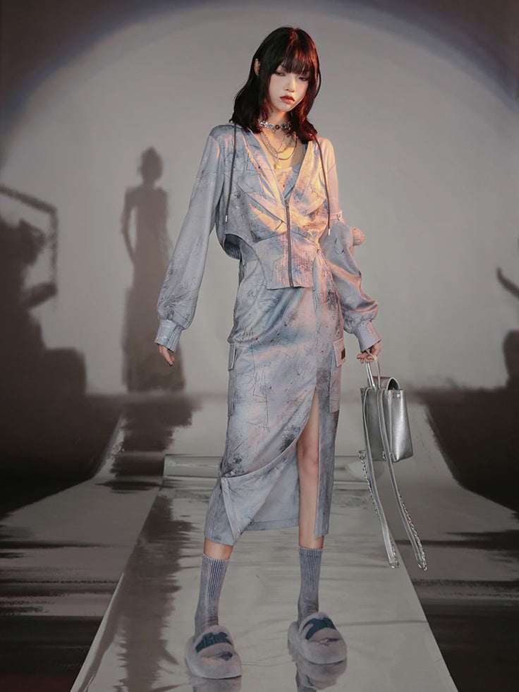 Graffiti Print Parka & Camisole Set & Cutout Pants & Slit Skirt