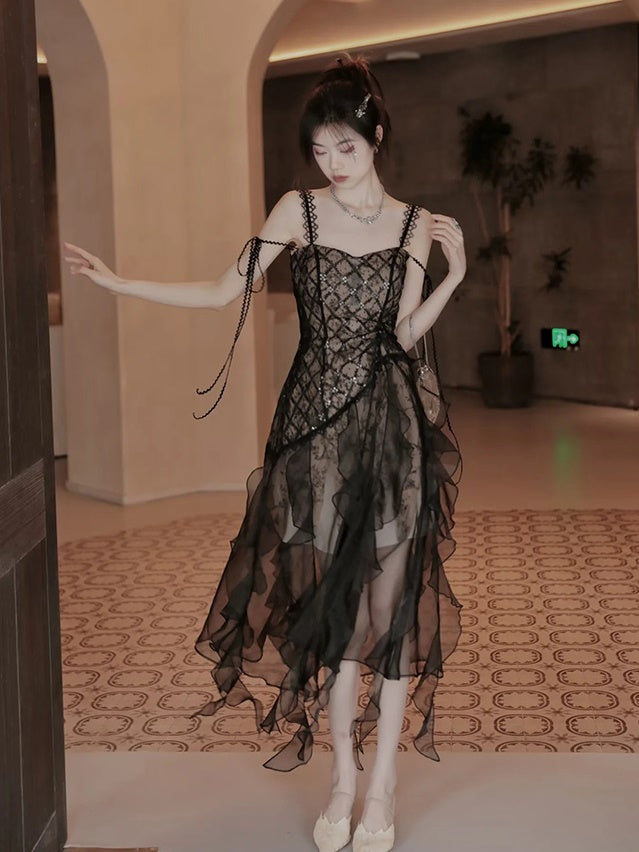 Irregular Frill Stitch Lace Sheer Sling Dress