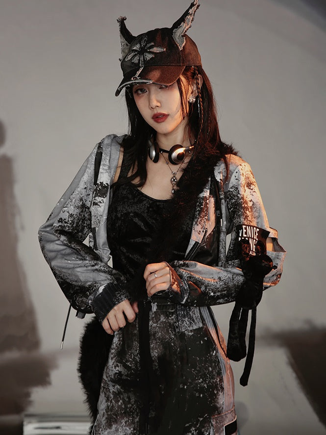 Graffiti Print Parka & Camisole Set & Cutout Pants & Slit Skirt