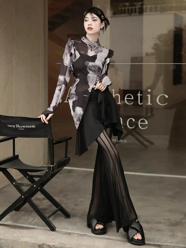 See-through Flared Skirt Pants