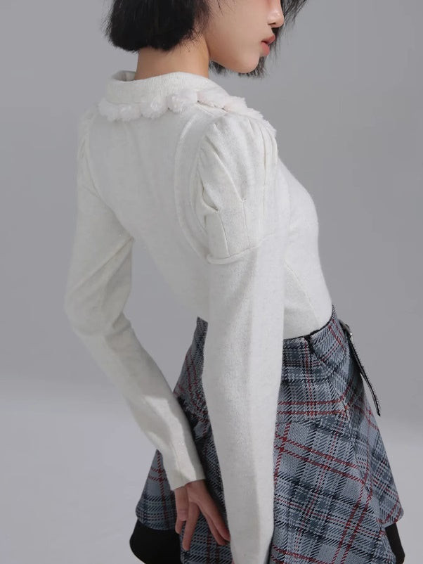 Knitted Fur Ball Collar Shirt