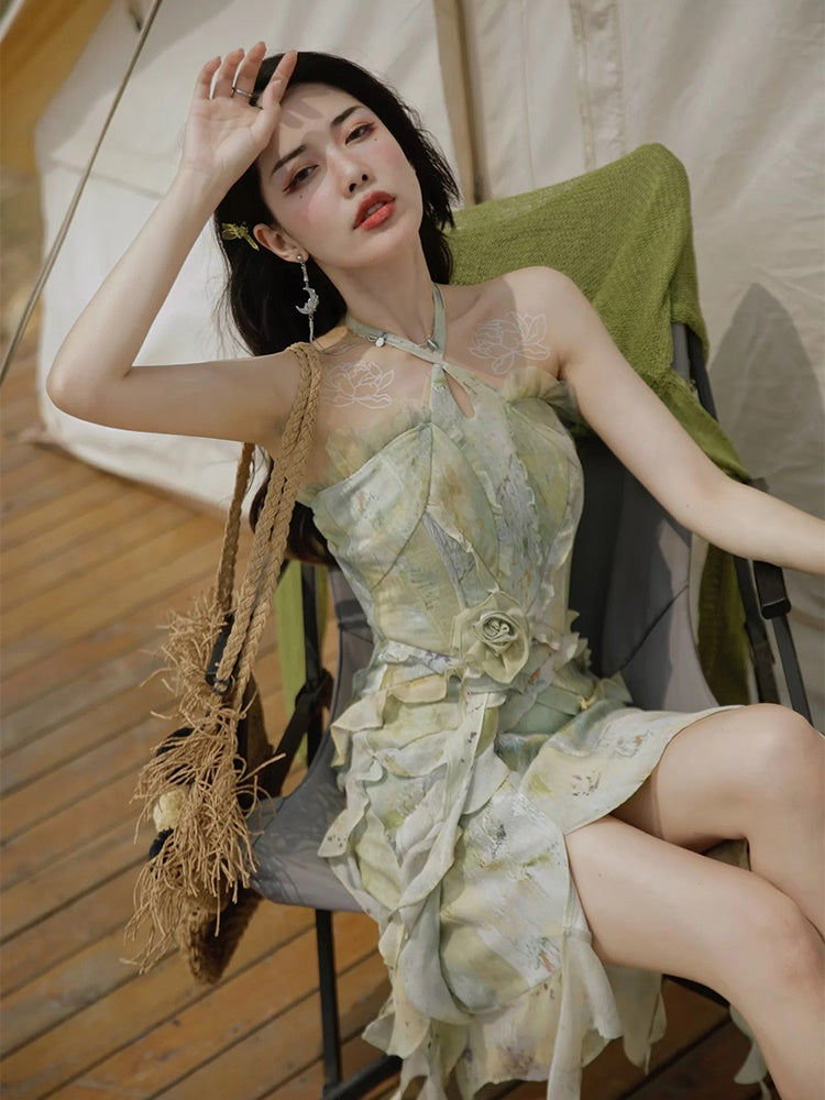 Oil Painting Printing Fishtail Dress & Top & Set-up