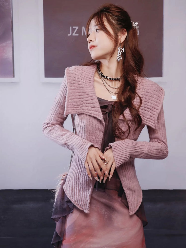 Large Lapel Off-Shoulder Cardigan