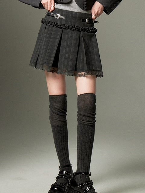Belt Design Lace Pleated Skirt