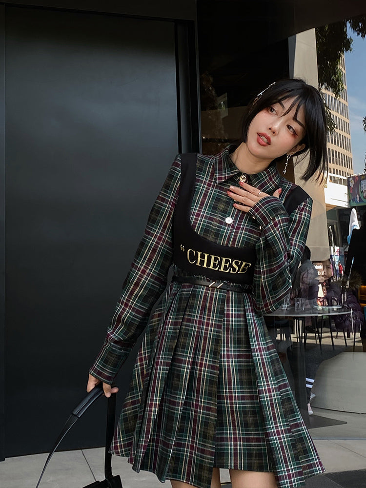 Fake Two-piece Plaid Shirt Dress