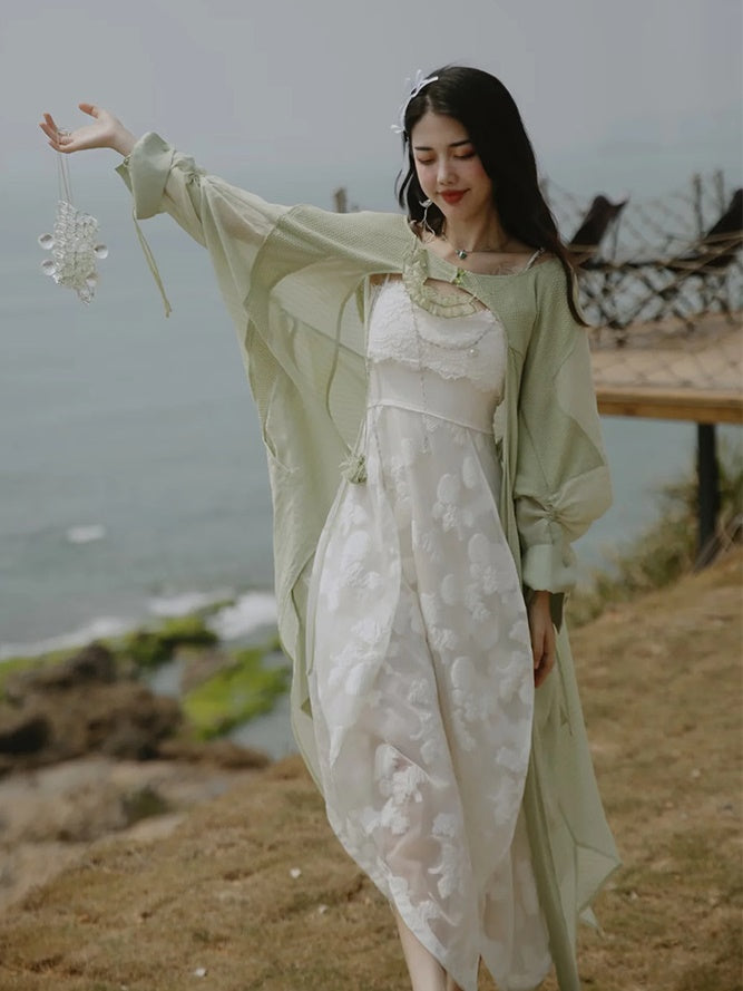 Jacquard Slip Bud Dress & Sheer Cardigan & Accessory