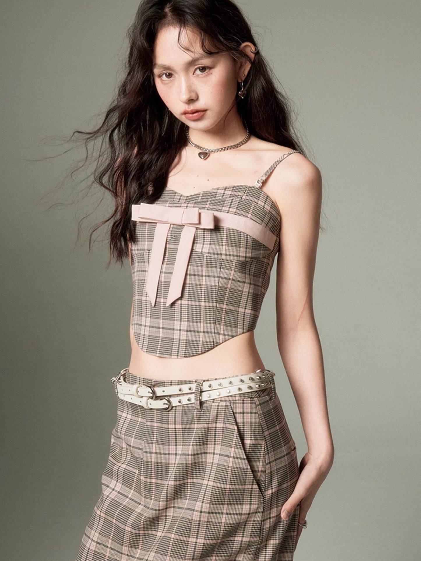 Plaid Bow Cropped Camisole & Long Skirt