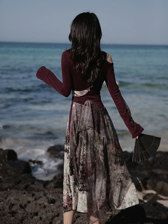 One-Shoulder Switching Forest Dress & Velvet Cape