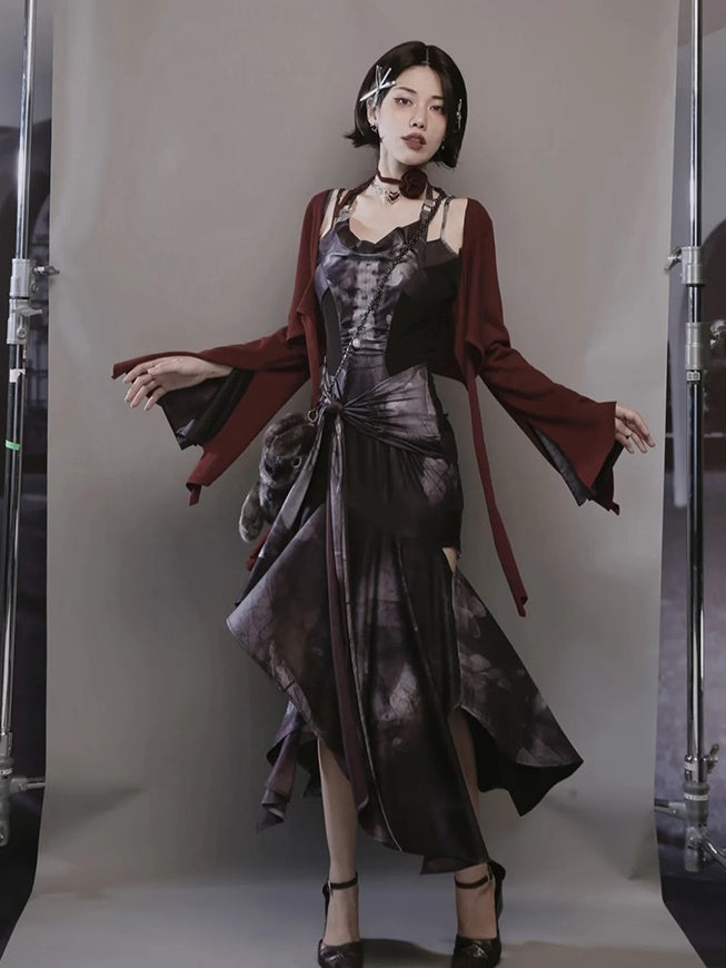 Butterfly Print Halterneck Dress & Flare Sleeve Cardigan